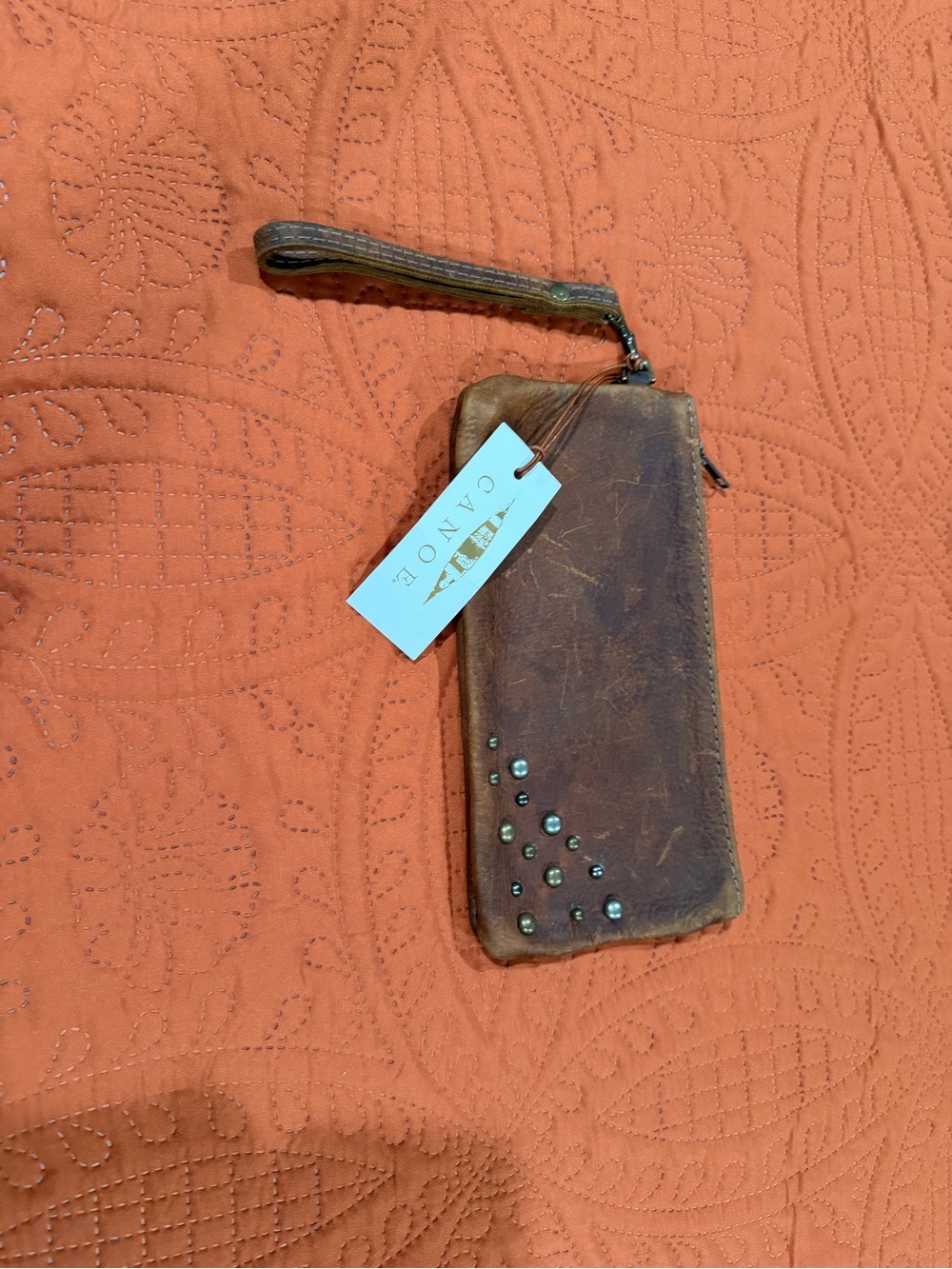 Canoe Brown Leather Wristlet Phone Case with Stud Accents